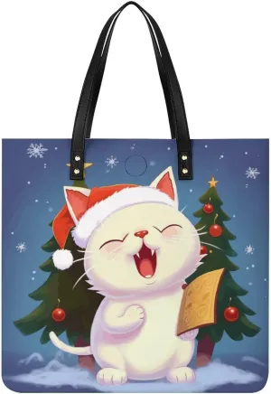 Leather Handbag,Cute Cat Sing Christmas Carols Print Handbag,shoulder Bag with Large Capacity,tote Bag for Work,shopping,travel,weekend