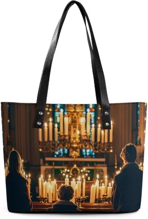 Leather Tote Bag for Women Shoulder Travel Purses Handbags The Flickering Candlelight in The Church Aesthetic Shopping Bags Ladies