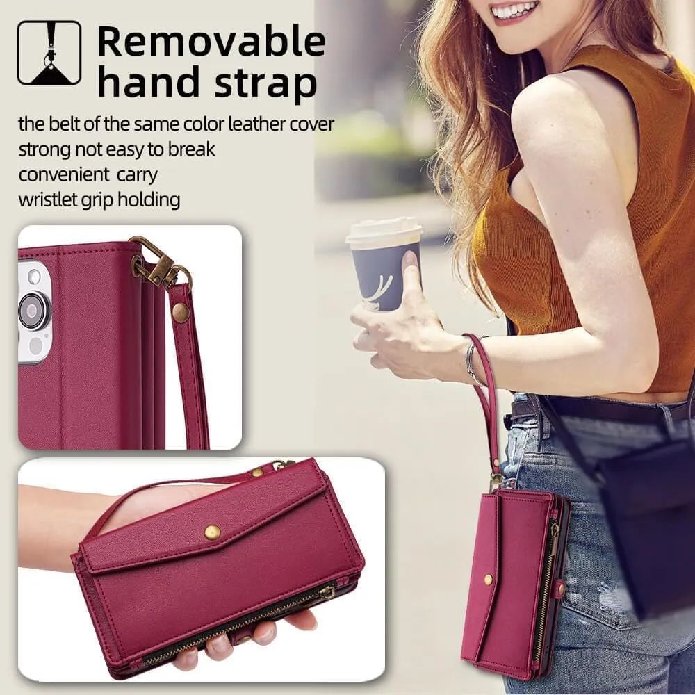 Leedia Crossbody Wallet Case for Galaxy S25 for Women, PU Leather Flip Case with [RFID Blocking] Card Holder, Zipper Handbag Magnetic Snap Wrist Strap for Samsung Galaxy S25 6.2" Vine Red