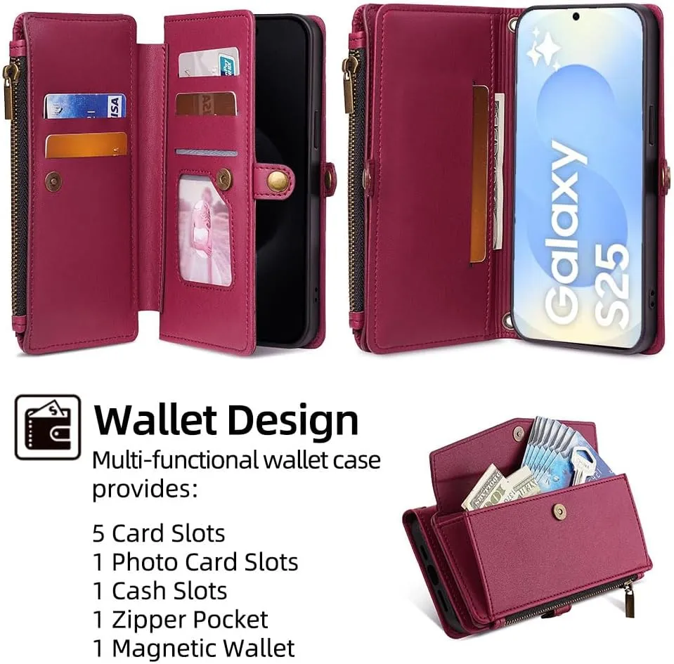 Leedia Crossbody Wallet Case for Galaxy S25 for Women, PU Leather Flip Case with [RFID Blocking] Card Holder, Zipper Handbag Magnetic Snap Wrist Strap for Samsung Galaxy S25 6.2" Vine Red