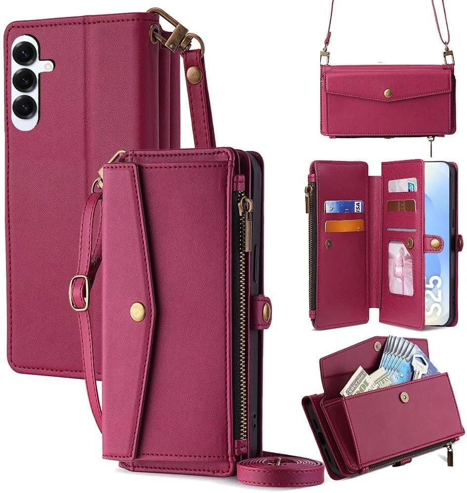Leedia Crossbody Wallet Case for Galaxy S25 for Women, PU Leather Flip Case with [RFID Blocking] Card Holder, Zipper Handbag Magnetic Snap Wrist Strap for Samsung Galaxy S25 6.2" Vine Red