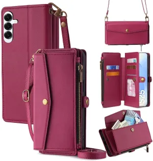 Leedia Crossbody Wallet Case for Galaxy S25 for Women, PU Leather Flip Case with [RFID Blocking] Card Holder, Zipper Handbag Magnetic Snap Wrist Strap for Samsung Galaxy S25 6.2" Vine Red
