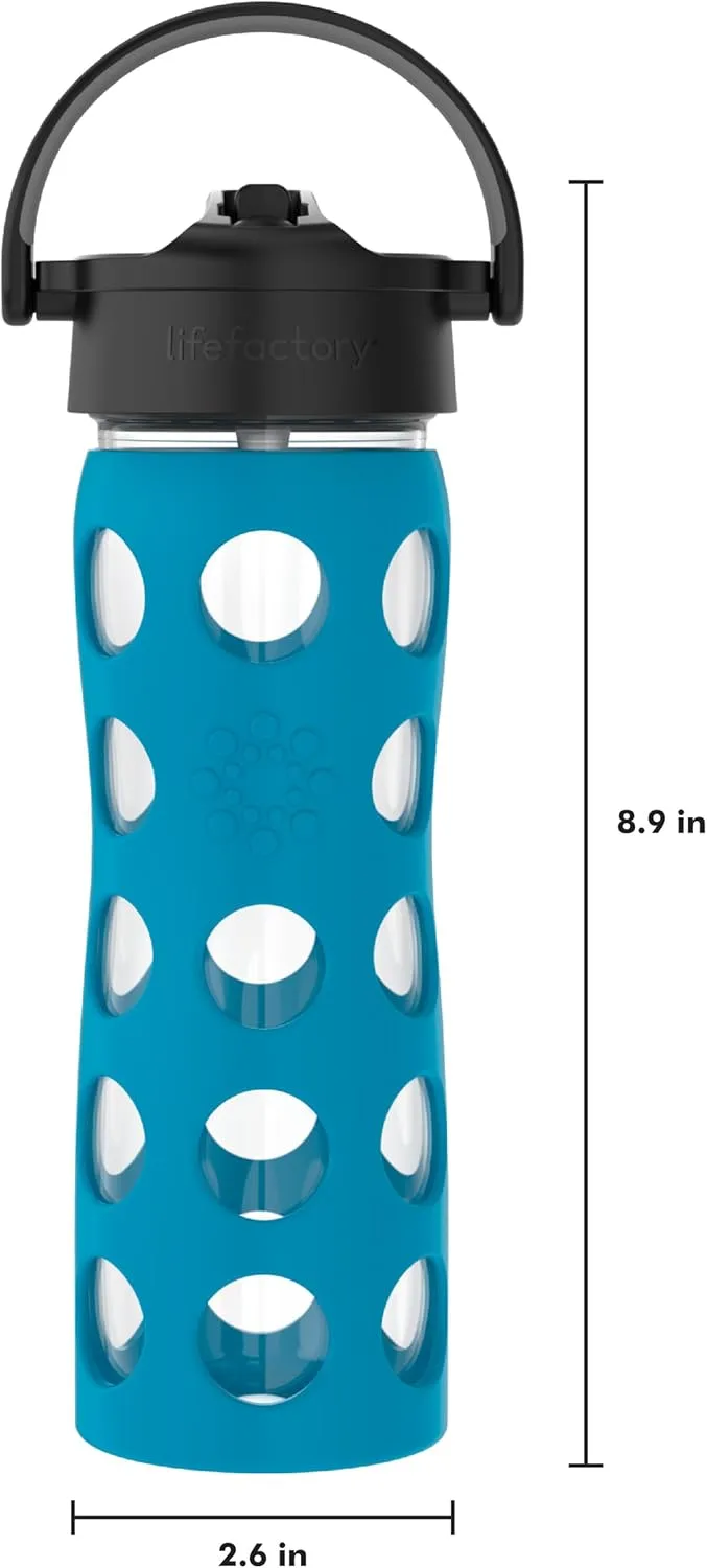 Lifefactory 16-Ounce Glass Water Bottle with Pivot Straw Cap and Protective Silicone Sleeve, Teal Lake