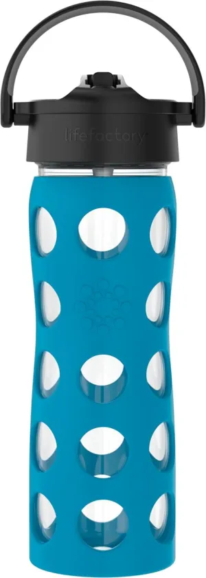 Lifefactory 16-Ounce Glass Water Bottle with Pivot Straw Cap and Protective Silicone Sleeve, Teal Lake