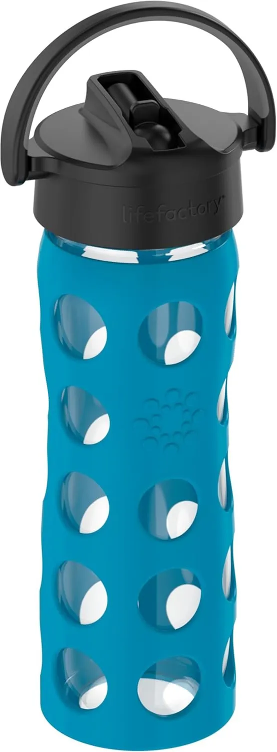 Lifefactory 16-Ounce Glass Water Bottle with Pivot Straw Cap and Protective Silicone Sleeve, Teal Lake