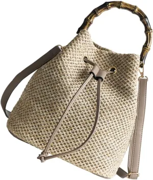Lightweight Bamboo Bucket Bag Women's Straw Drawstring Tote Crossbody Shoulder Bag Beach Straw