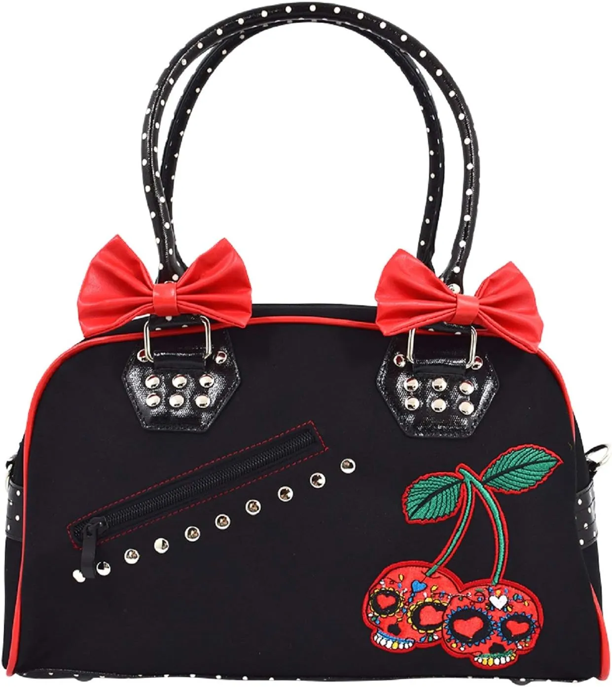 Lost Queen Cherry Bomb Skull Cherries Polka Dot Bow Handbag Rockabilly Black Red