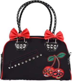 Lost Queen Cherry Bomb Skull Cherries Polka Dot Bow Handbag Rockabilly Black Red