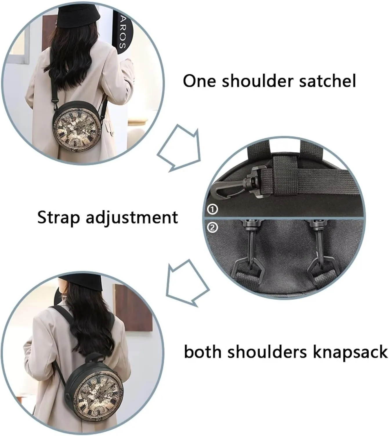 Lotusorchid Clock Print Round Crossbody Purse for Women Circle Bag Small Round Shoulder Purse (Not Real Clock)