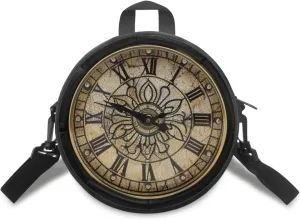 Lotusorchid Clock Print Small Crossbody Bag Round Purse Circle Shoulder Purse for Party Work (Not Real Clock)