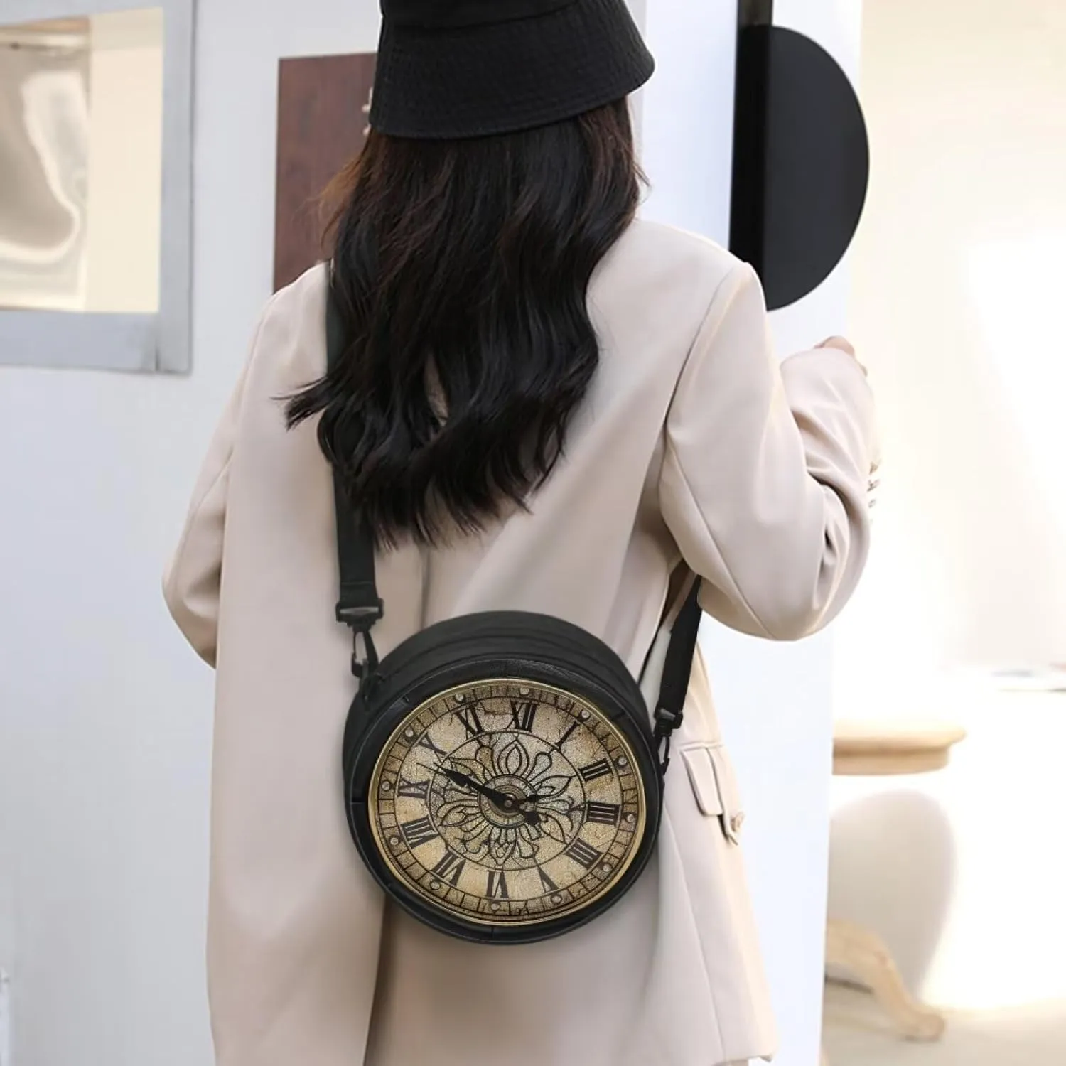 Lotusorchid Clock Print Small Crossbody Bag Round Purse Circle Shoulder Purse for Party Work (Not Real Clock)