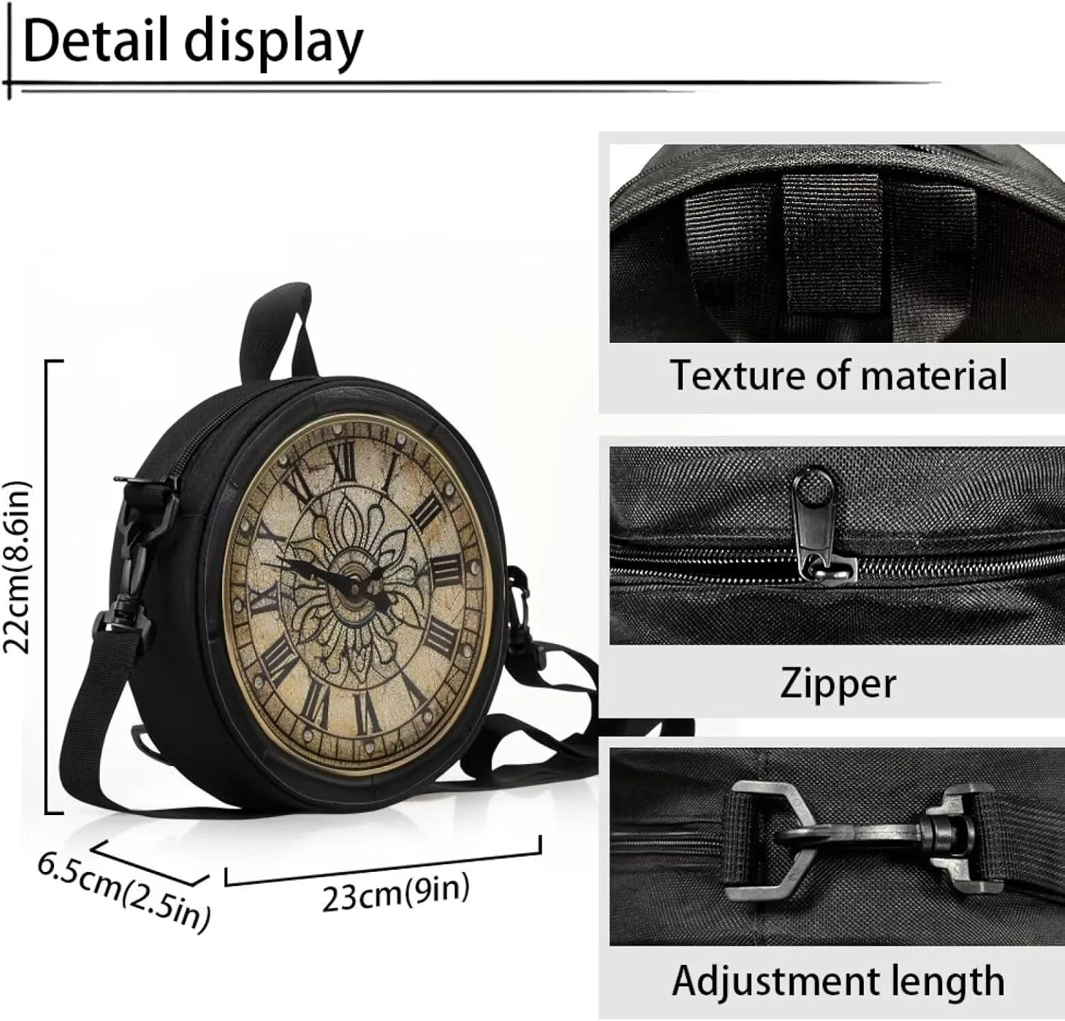 Lotusorchid Clock Print Small Crossbody Bag Round Purse Circle Shoulder Purse for Party Work (Not Real Clock)