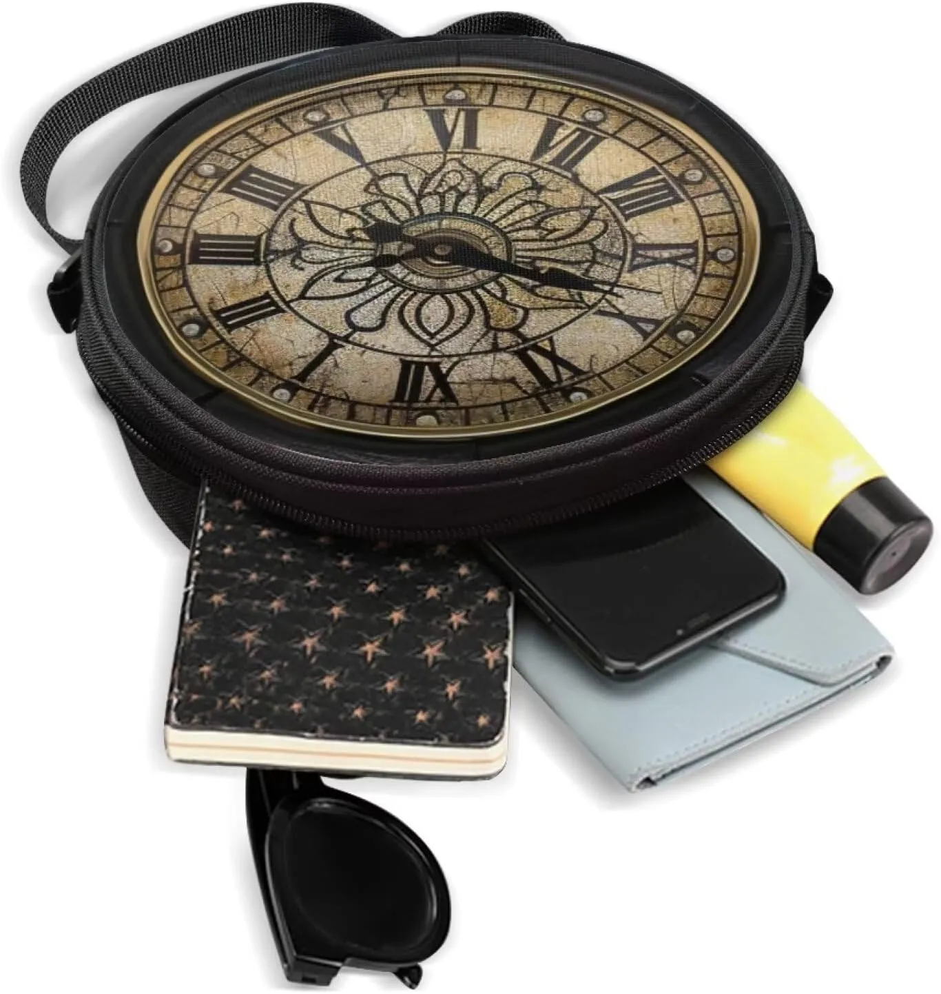 Lotusorchid Clock Print Small Crossbody Bag Round Purse Circle Shoulder Purse for Party Work (Not Real Clock)