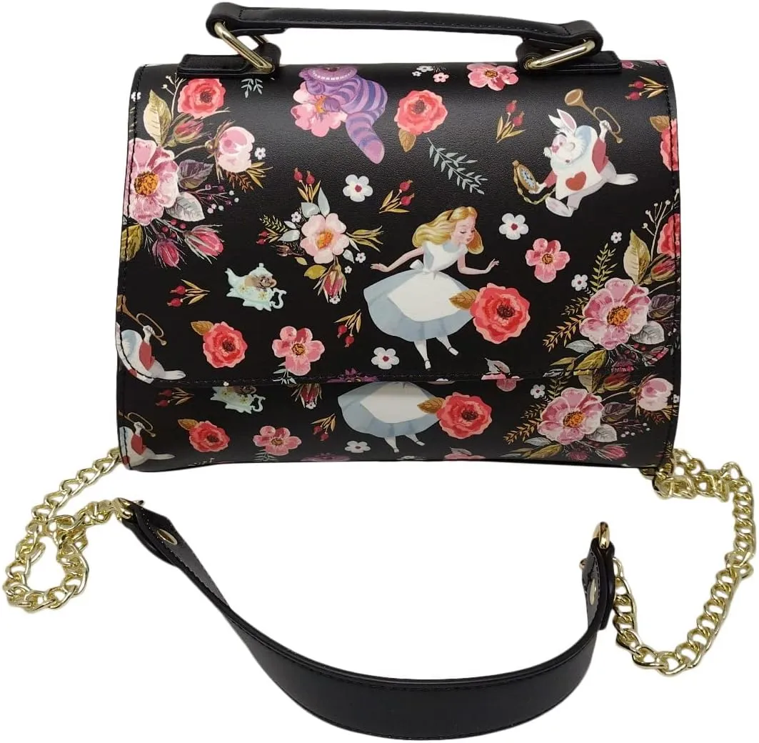 Loungefly Disney Alice in Wonderland Allover Floral Print Crossbody Satchel Handbag Purse