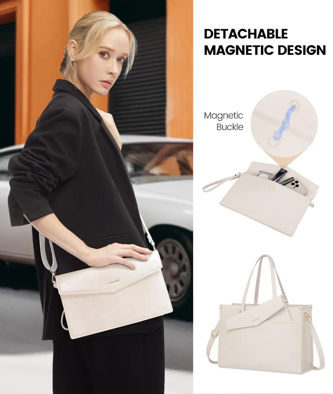 LOVEVOOK Laptop Bag for Women, 15.6'' Laptop Tote Purse 2-in-1 Professional Work Bag Business Briefcase with Clutch Purse, Waterproof Leather Computer Handbag for Teacher Office Travel