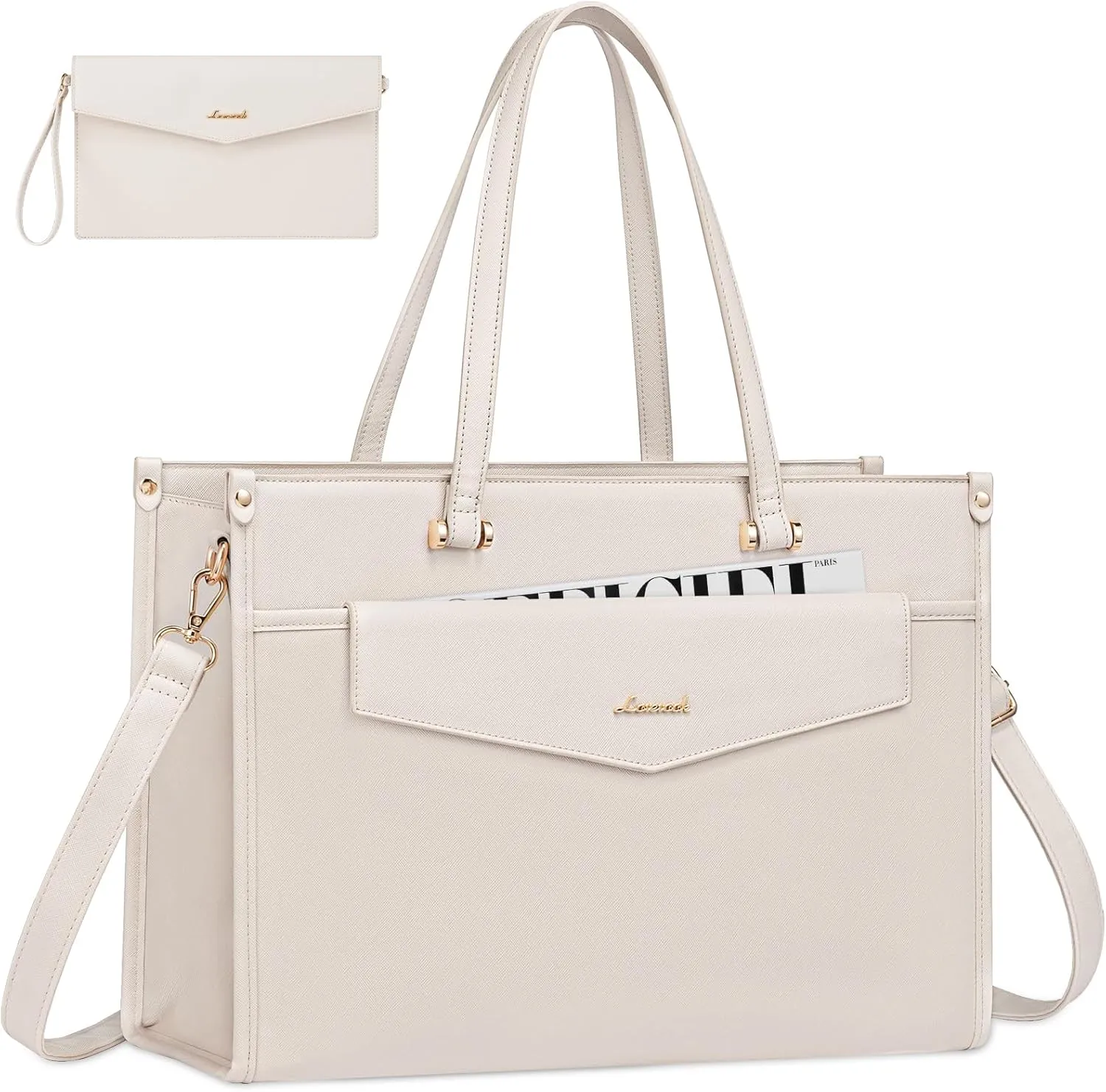 LOVEVOOK Laptop Bag for Women, 15.6'' Laptop Tote Purse 2-in-1 Professional Work Bag Business Briefcase with Clutch Purse, Waterproof Leather Computer Handbag for Teacher Office Travel