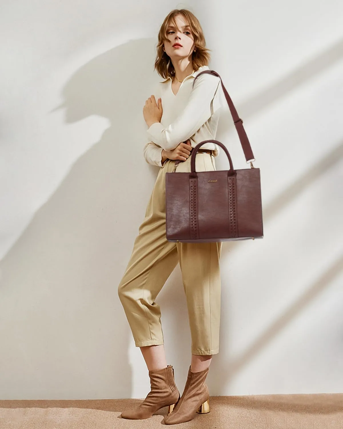 LOVEVOOK Laptop Tote Bag for Women, Vintage Leather Work Bags 15.6 inch Laptop Bag, Waterproof Professional Computer Bag Business Office Briefcase Large Shoulder Bag Handbag