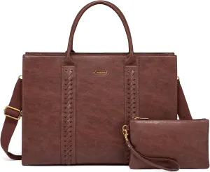 LOVEVOOK Laptop Tote Bag for Women, Vintage Leather Work Bags 15.6 inch Laptop Bag, Waterproof Professional Computer Bag Business Office Briefcase Large Shoulder Bag Handbag
