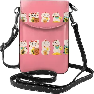 Lucky Cat,Cute Cat Print Small Crossbody Bags for Women Leather Cell Phone Purses Mini Leather Shoulder Handbag Adjustable Strap