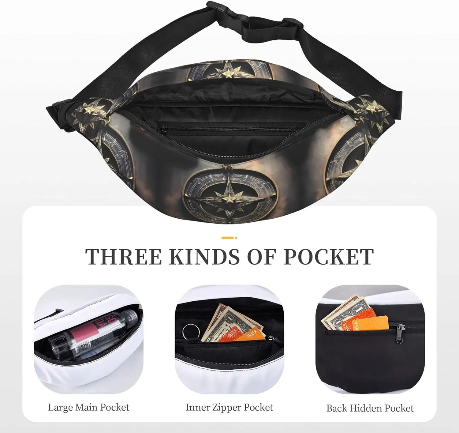 Magical Design Norse Runes Compass Print Large Crossbody Fanny Pack, Cute Waterproof Waist Pack Belt Bag For Men, Women, Stylish Running Accessory