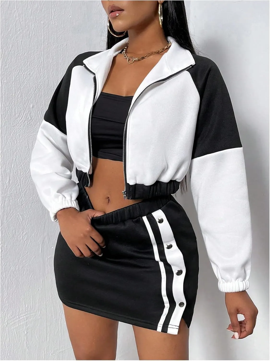 MakeMeChic Women's 2 Piece Outfit Colorblock Full Zip Crop Outerwear and Striped Skirt Set Tracksuit