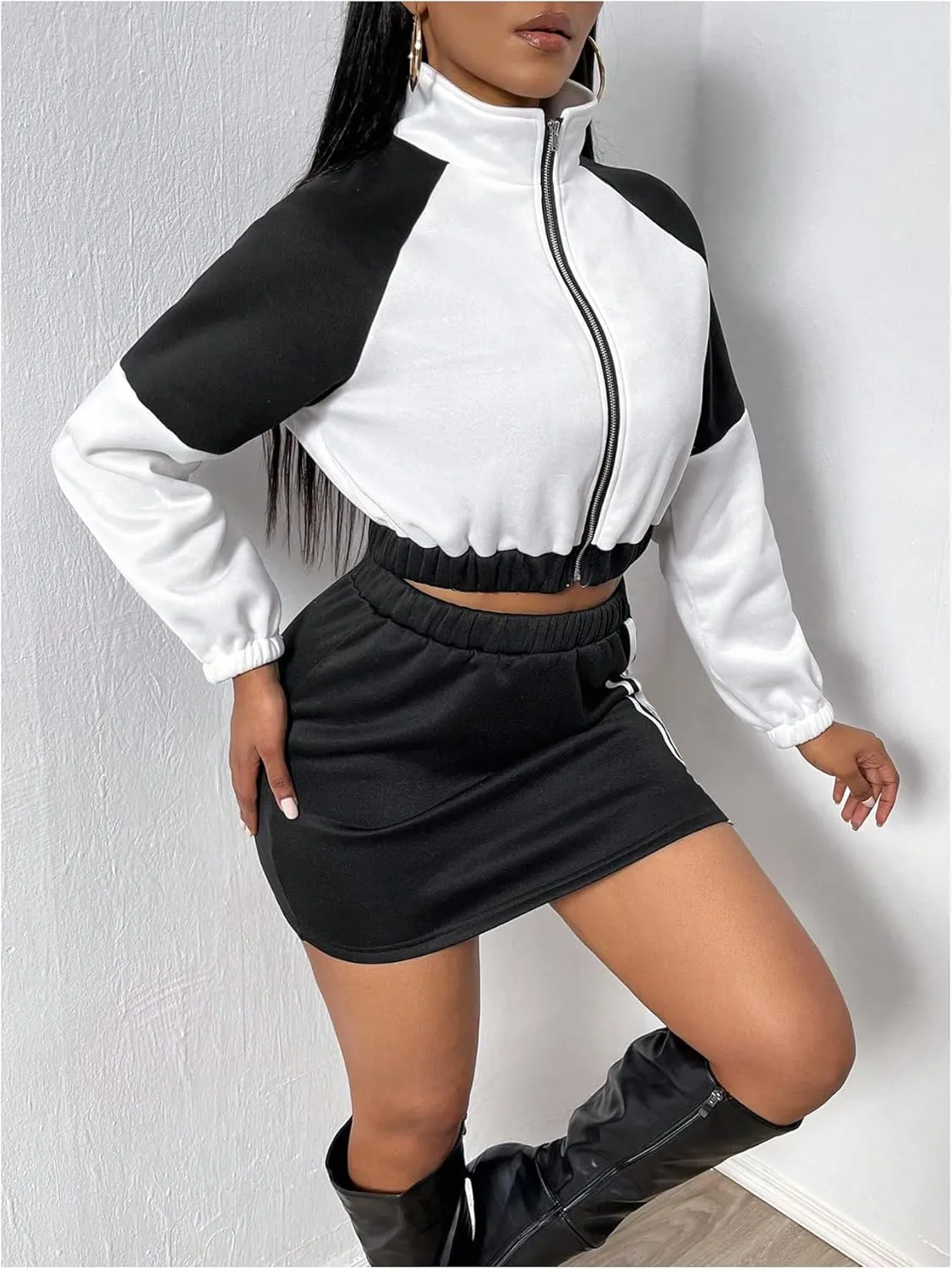 MakeMeChic Women's 2 Piece Outfit Colorblock Full Zip Crop Outerwear and Striped Skirt Set Tracksuit