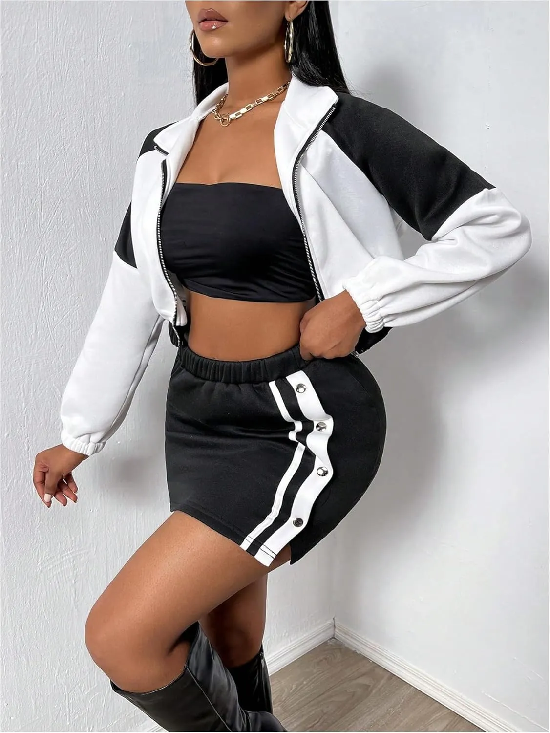 MakeMeChic Women's 2 Piece Outfit Colorblock Full Zip Crop Outerwear and Striped Skirt Set Tracksuit