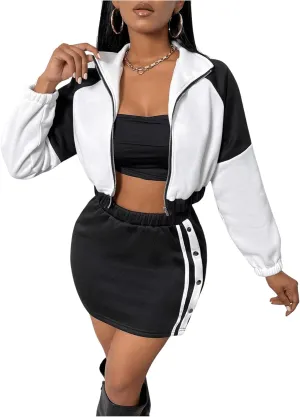 MakeMeChic Women's 2 Piece Outfit Colorblock Full Zip Crop Outerwear and Striped Skirt Set Tracksuit