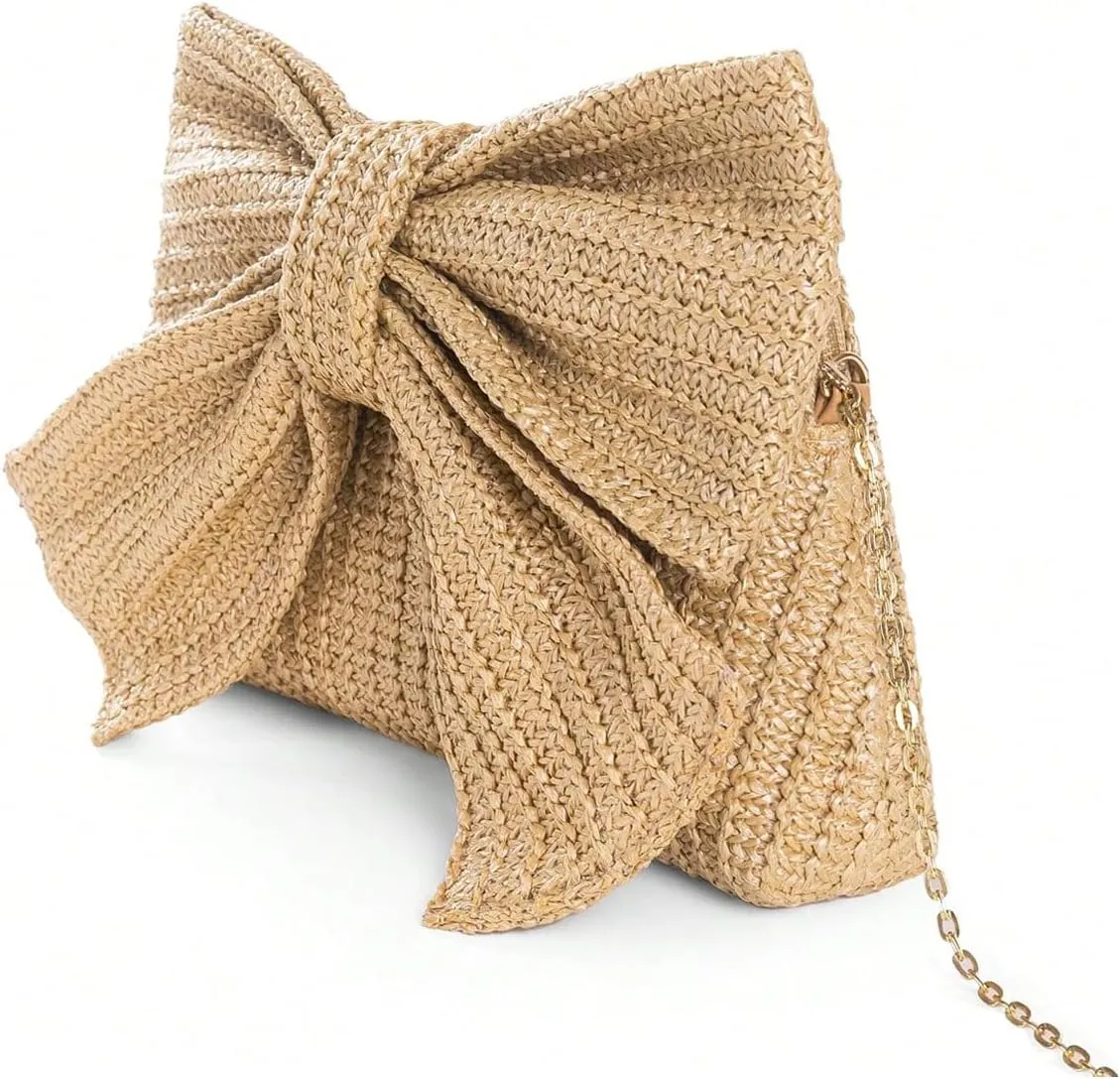 MakeMeChic Women's Straw Bow Crossbody Handbag Metal Chain Summer Satchel Bag