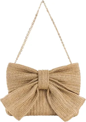 MakeMeChic Women's Straw Bow Crossbody Handbag Metal Chain Summer Satchel Bag