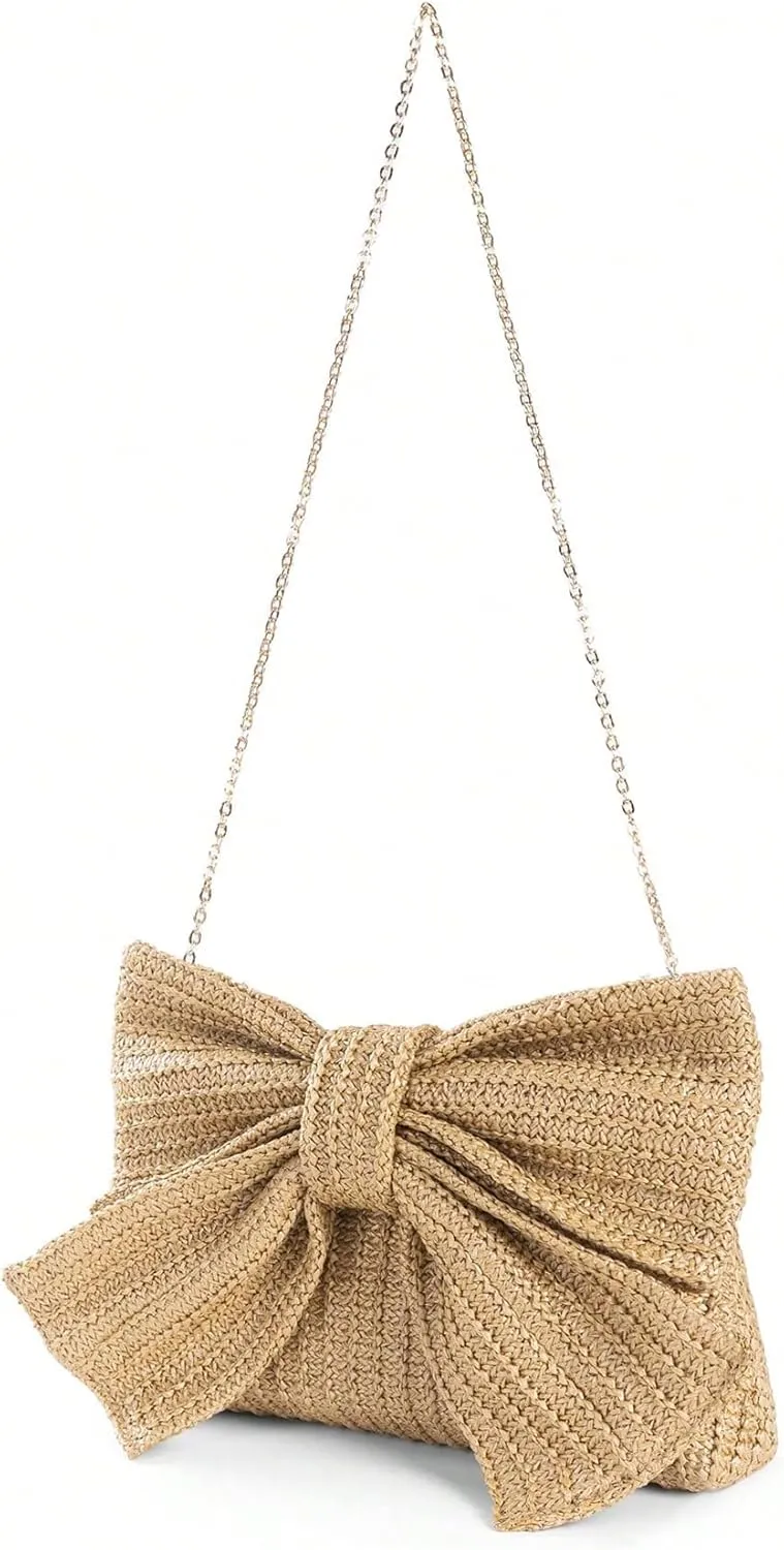 MakeMeChic Women's Straw Bow Crossbody Handbag Metal Chain Summer Satchel Bag
