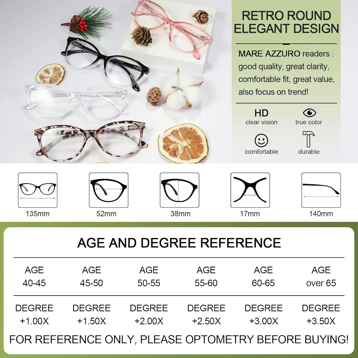 MARE AZZURO Designer Reading Glasses Women Cute Round Readers 1.0 1.25 1.5 1.75 2.0 2.25 2.5 2.75 3.0 3.5 4.0