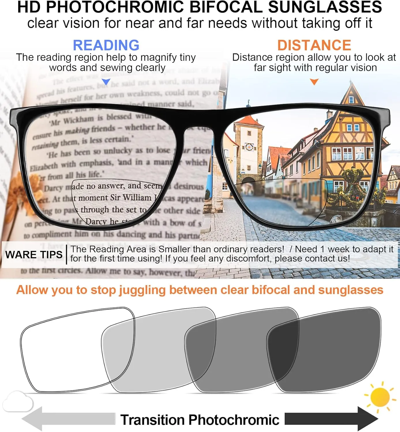 MARE AZZURO Photochromic Bifocal Reading Glasses Men Blue Light Blocking Readers Sunglasses 1.0 1.5 2.0 2.5 3.0 3.5 4.0