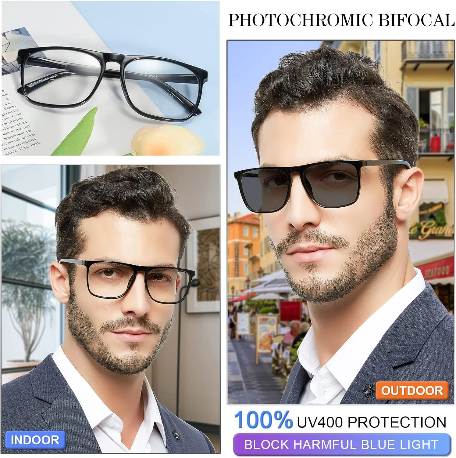 MARE AZZURO Photochromic Bifocal Reading Glasses Men Blue Light Blocking Readers Sunglasses 1.0 1.5 2.0 2.5 3.0 3.5 4.0