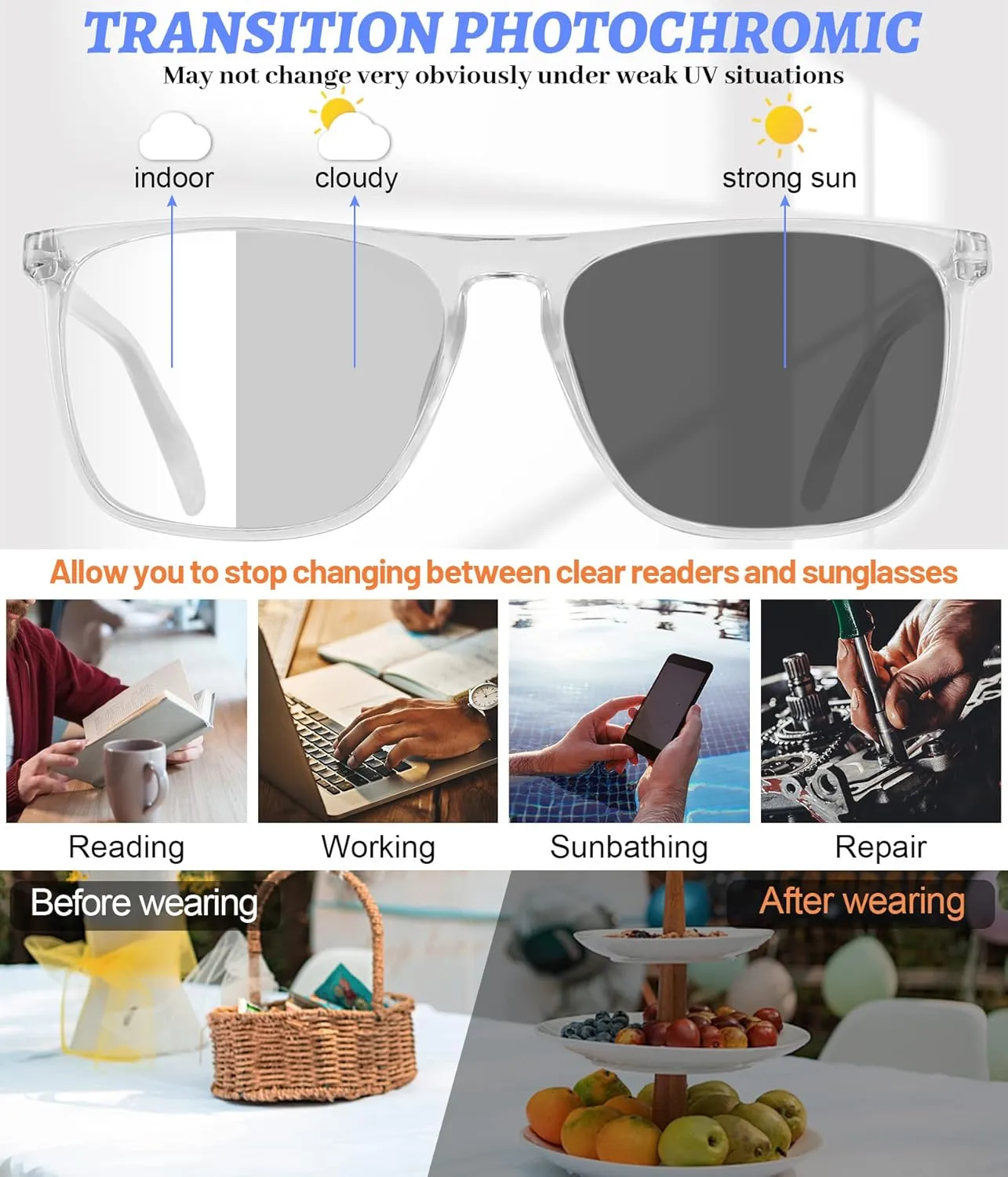 MARE AZZURO Photochromic Reading Glasses Men Blue Light Blocking Oversized Square Readers 1.0 1.5 2.0 2.5 3.0 3.5 4.0