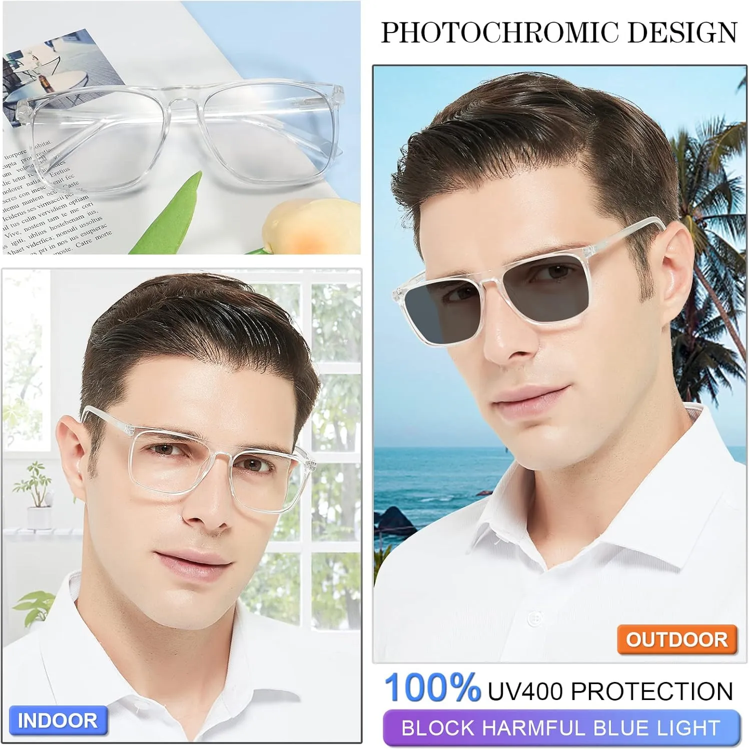 MARE AZZURO Photochromic Reading Glasses Men Blue Light Blocking Oversized Square Readers 1.0 1.5 2.0 2.5 3.0 3.5 4.0