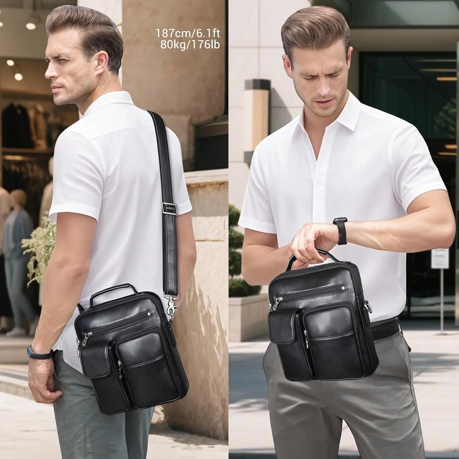 Masa Kawa Leather Shoulder Bag for Men Crossbody Messenger Casual Work 10" Tablet Bags