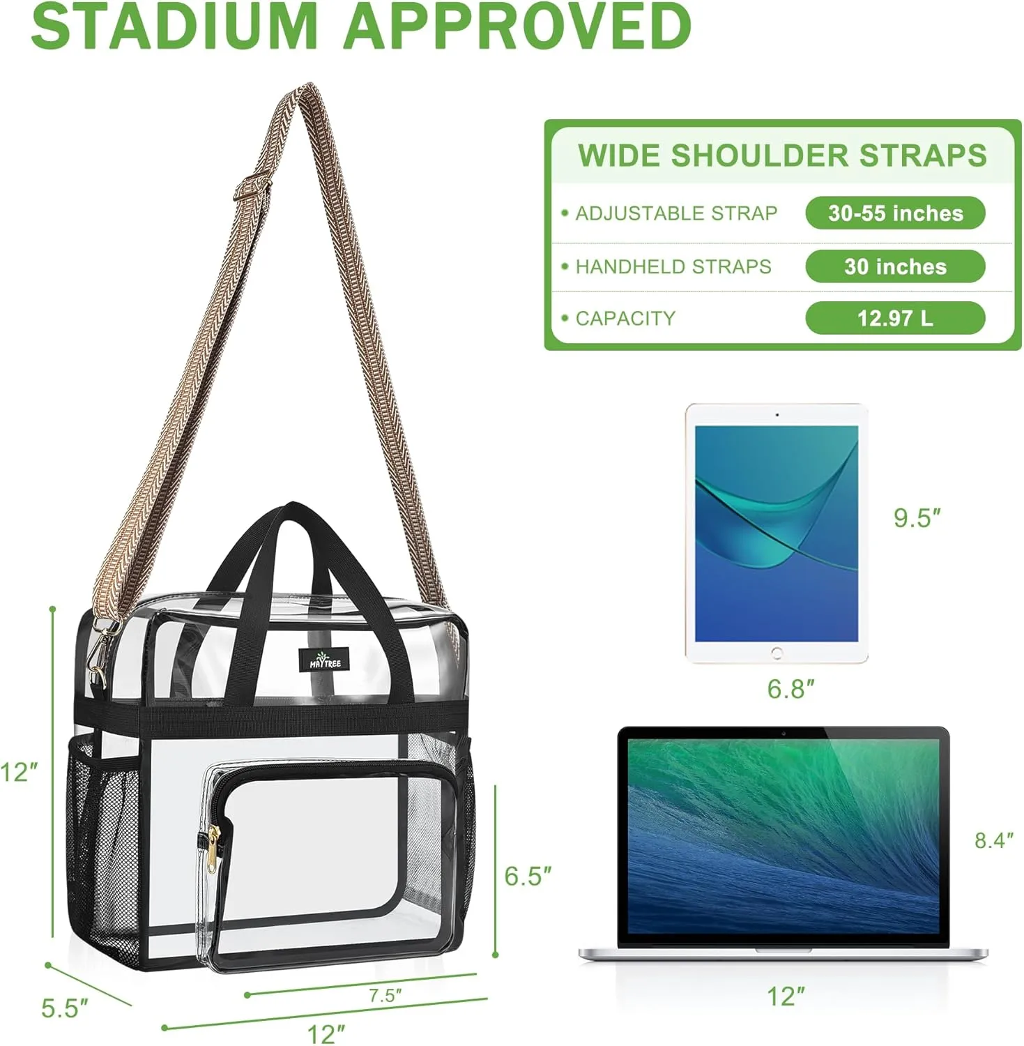 MAY TREE Clear Bag for Stadium Events, 12x6x12 Clear Tote Bag with Removable Strap, Transparent Bag for Concert Sports Festival, White Guita-Strap
