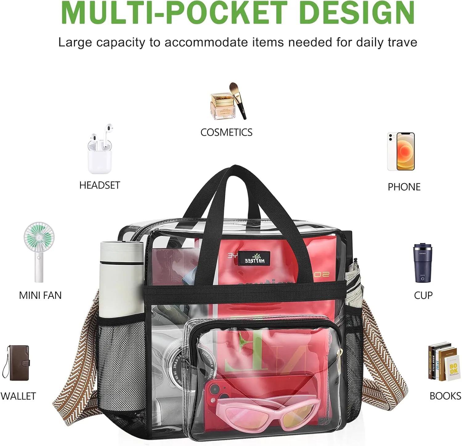MAY TREE Clear Bag for Stadium Events, 12x6x12 Clear Tote Bag with Removable Strap, Transparent Bag for Concert Sports Festival, White Guita-Strap