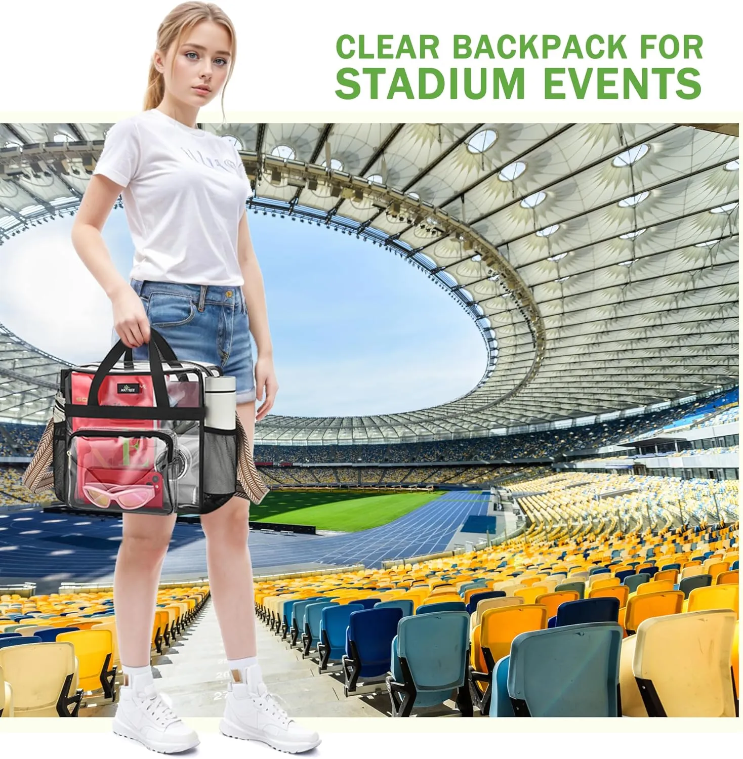 MAY TREE Clear Bag for Stadium Events, 12x6x12 Clear Tote Bag with Removable Strap, Transparent Bag for Concert Sports Festival, White Guita-Strap