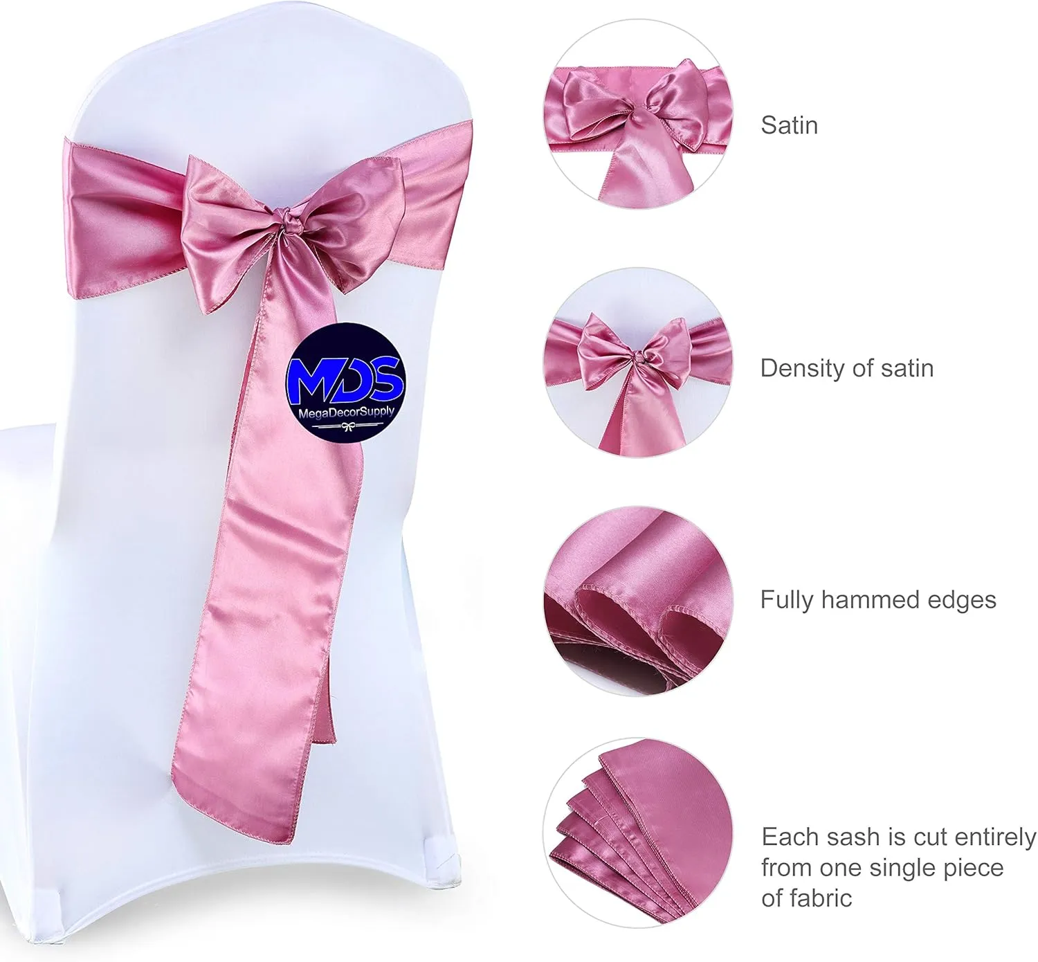 MDS Pack of 100 PCS Satin Chair Sashes Charmeuse Sateen Dining Chair Bows Ribbon Ties Back Sash for Wedding Party Birthday Home Hotel Restaurant Banquet Decoration (7 x 108 Inch, Dusty Pink)