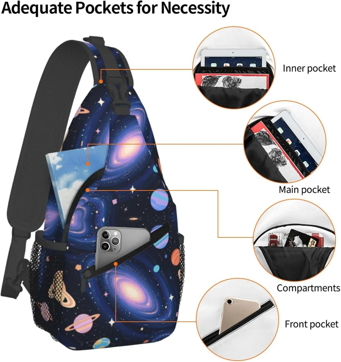Men Sling Backpack Packable Unbalance Chest Day Bag - Solar System Galaxy Space Planet Art Multipurpose Anti-Theft Rucksack Messenger Bag With Adjustable Shoulder Strap