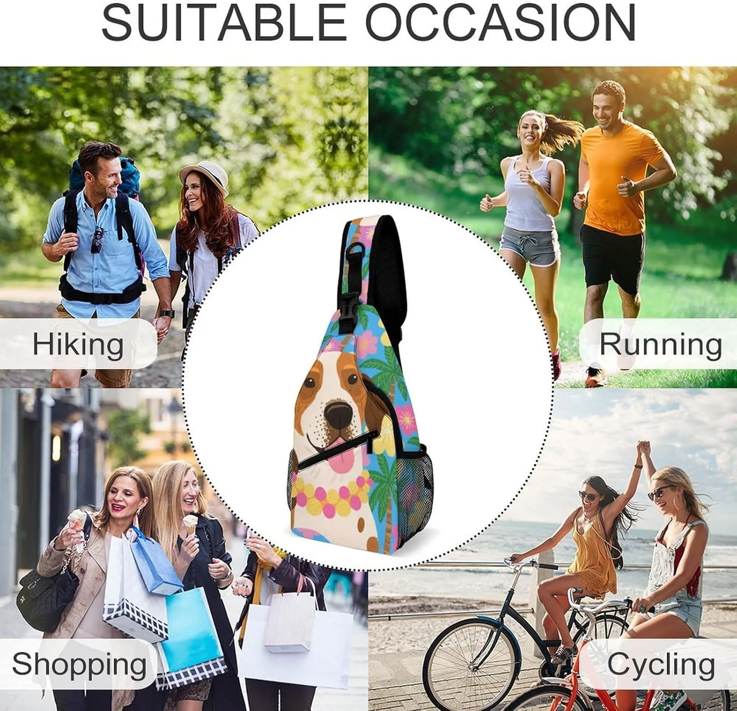 Men Sling Shoulder Backpack Packable Breathable Shoulder Chest Crossbody Bag - Hawaiian Flowers Floral Dog Art Multipurpose Backpacking Bookbag With Adjustable Shoulder Strap