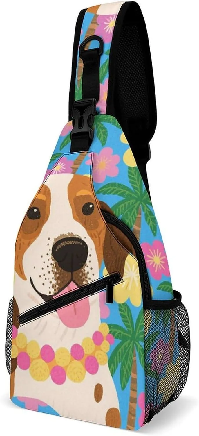 Men Sling Shoulder Backpack Packable Breathable Shoulder Chest Crossbody Bag - Hawaiian Flowers Floral Dog Art Multipurpose Backpacking Bookbag With Adjustable Shoulder Strap