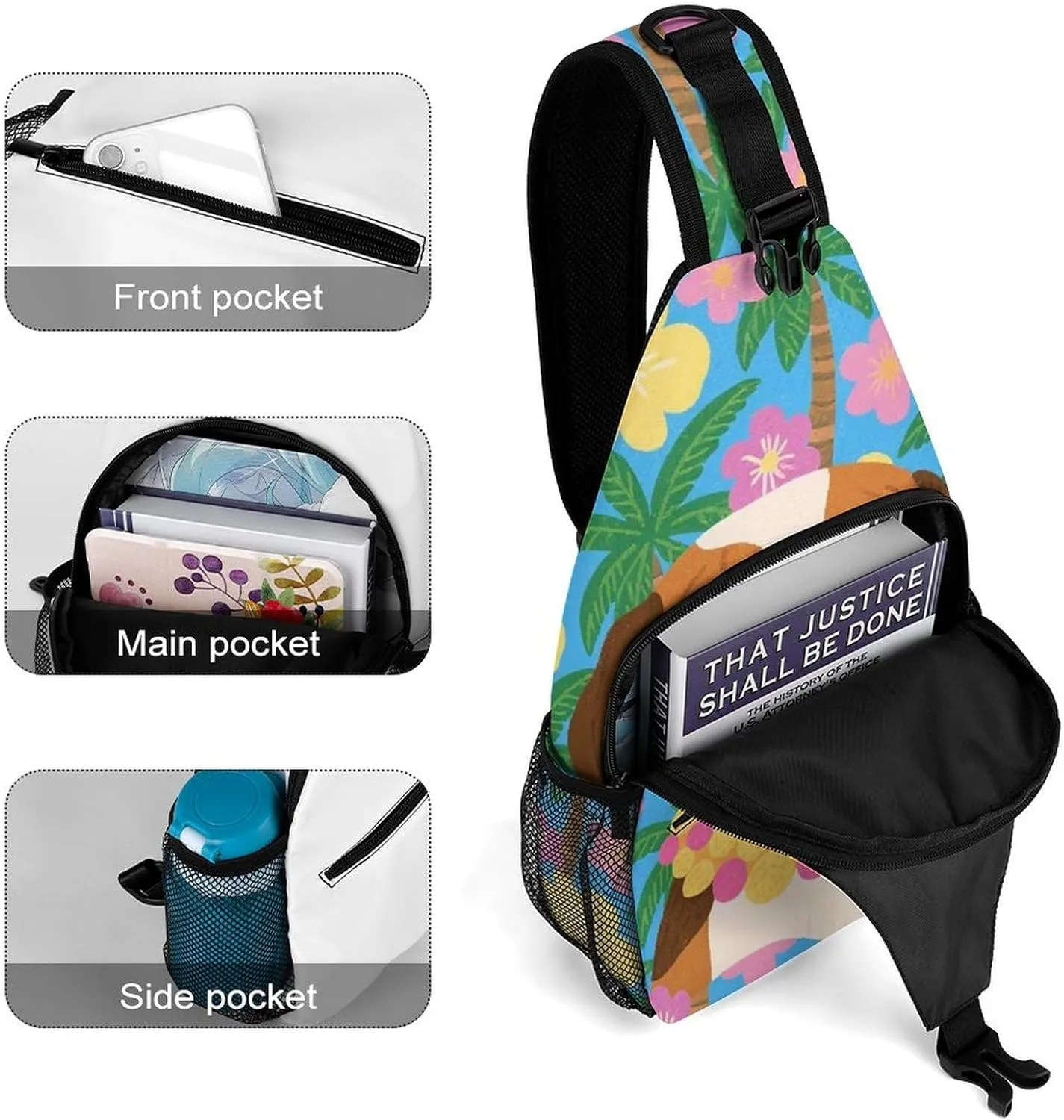 Men Sling Shoulder Backpack Packable Breathable Shoulder Chest Crossbody Bag - Hawaiian Flowers Floral Dog Art Multipurpose Backpacking Bookbag With Adjustable Shoulder Strap