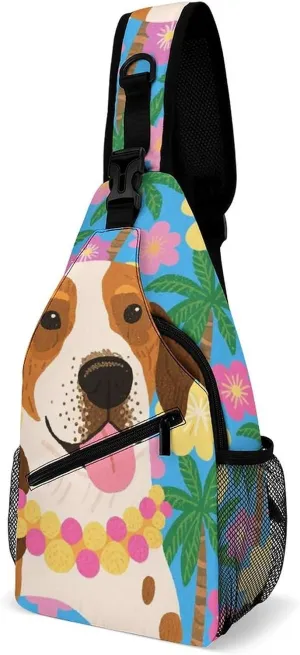 Men Sling Shoulder Backpack Packable Breathable Shoulder Chest Crossbody Bag - Hawaiian Flowers Floral Dog Art Multipurpose Backpacking Bookbag With Adjustable Shoulder Strap