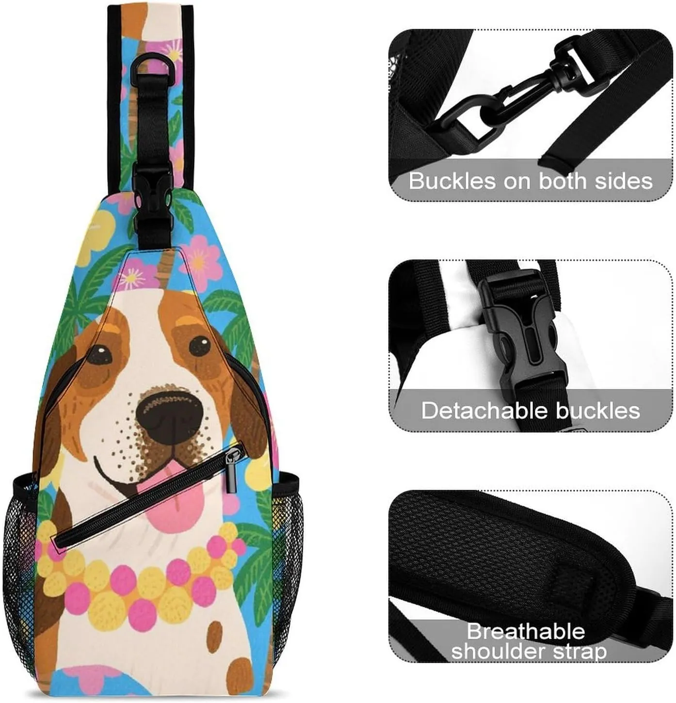 Men Sling Shoulder Backpack Packable Breathable Shoulder Chest Crossbody Bag - Hawaiian Flowers Floral Dog Art Multipurpose Backpacking Bookbag With Adjustable Shoulder Strap