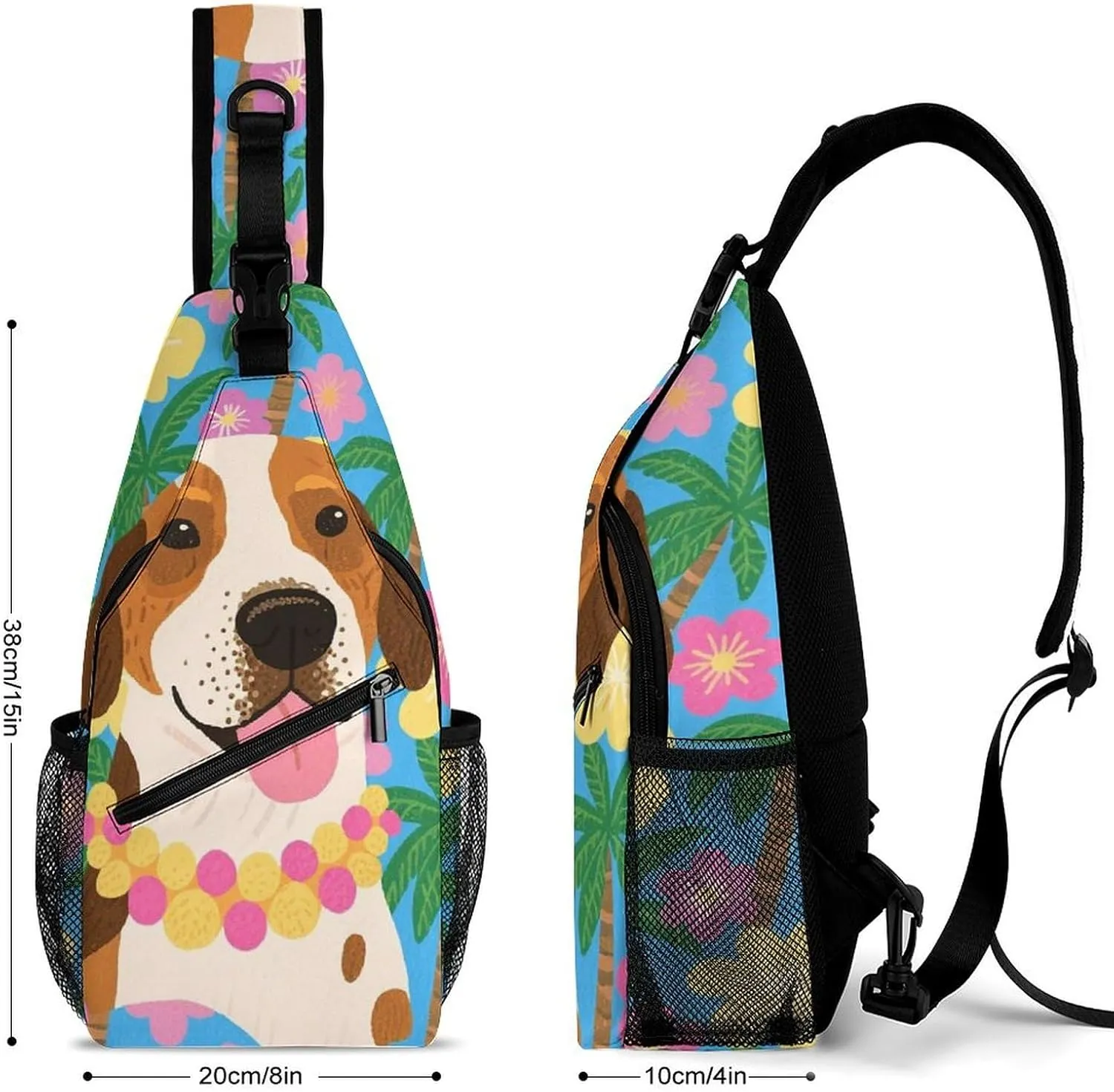 Men Sling Shoulder Backpack Packable Breathable Shoulder Chest Crossbody Bag - Hawaiian Flowers Floral Dog Art Multipurpose Backpacking Bookbag With Adjustable Shoulder Strap