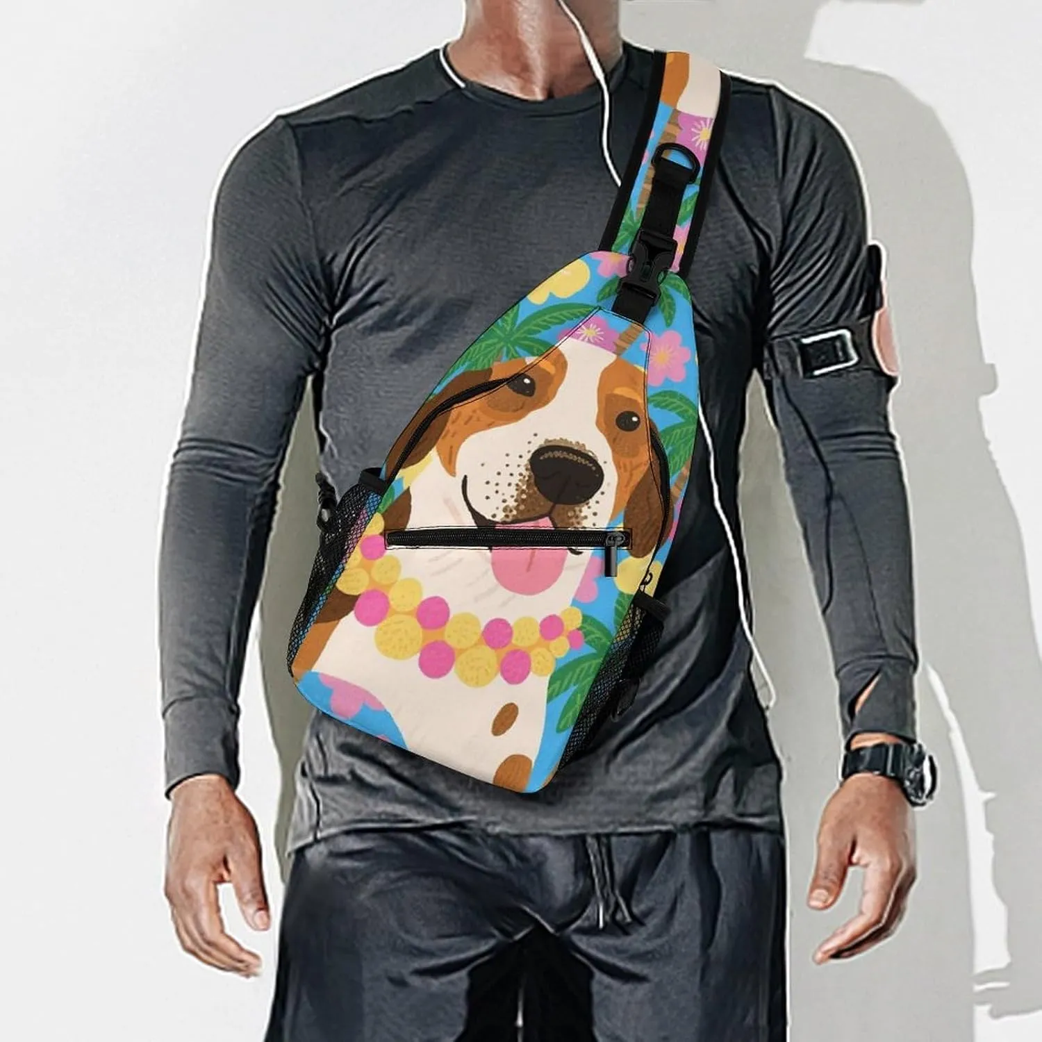 Men Sling Shoulder Backpack Packable Breathable Shoulder Chest Crossbody Bag - Hawaiian Flowers Floral Dog Art Multipurpose Backpacking Bookbag With Adjustable Shoulder Strap