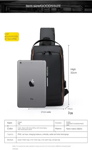 Men's Chest Bag, Shoulder bags,Crossbody Sling Backpack, Coded lock, USB port, Water proof. (pure black)